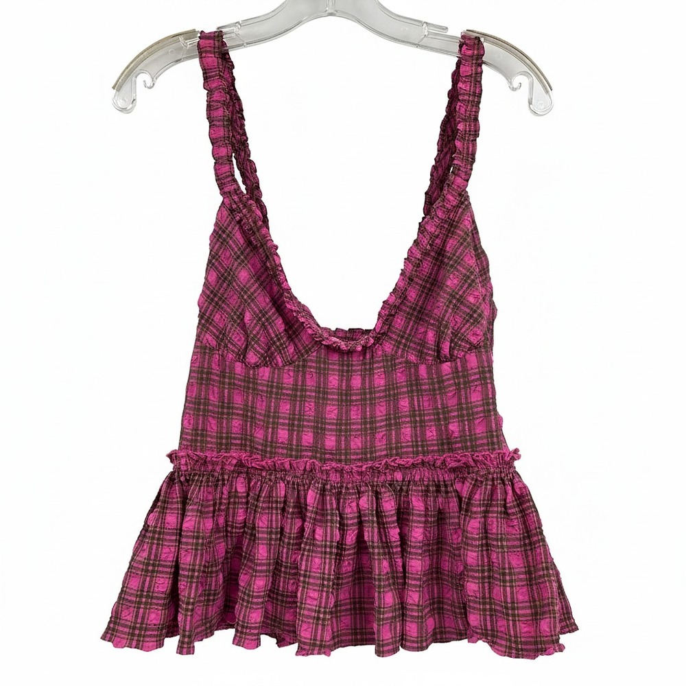 Free People Pink Green Plaid Textured Peplum Tank Top | Women’s L